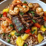 Jerk Steak and Shrimp over Tropical Rice Pilaf