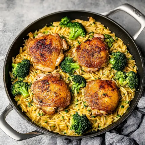 Skillet Chicken Thighs with Broccoli Cheddar Orzo