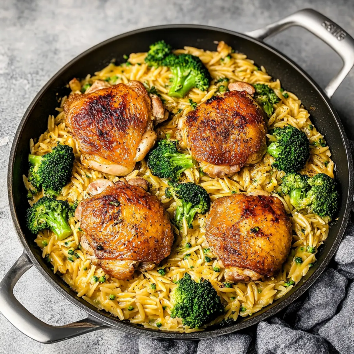 Skillet Chicken Thighs with Broccoli Cheddar Orzo
