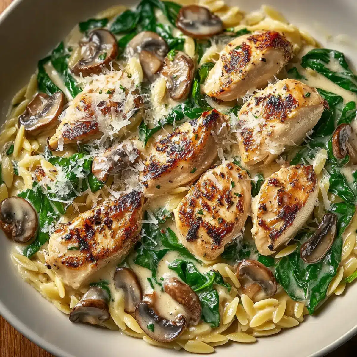 Spinach Mushroom Orzo with Chicken