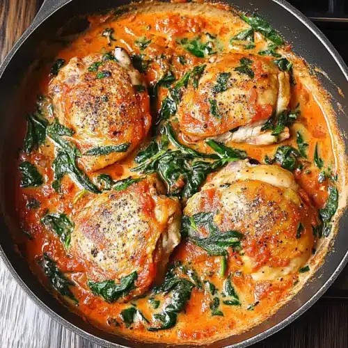 Skillet Chicken Thighs with Creamy Tomato Basil Spinach Sauce