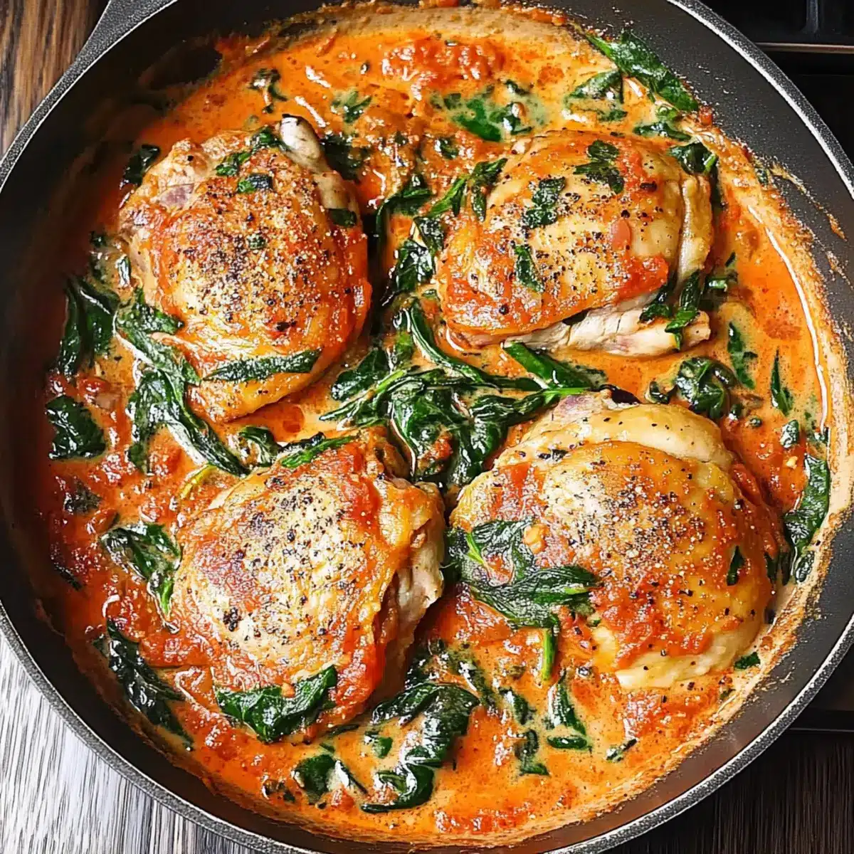 Skillet Chicken Thighs with Creamy Tomato Basil Spinach Sauce