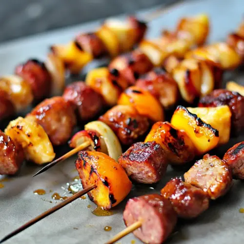 Chicken, Peach, and Sausage Kebabs