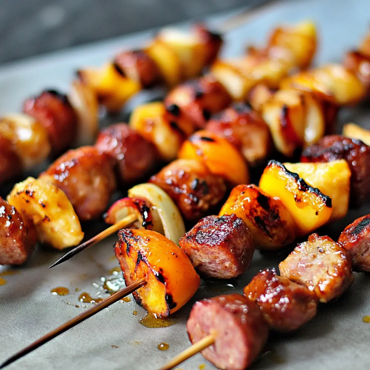 Chicken, Peach, and Sausage Kebabs