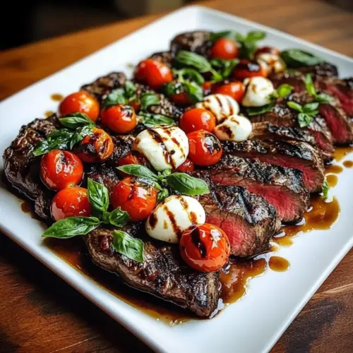 Grilled Balsamic Steak Caprese with Mozzarella, Tomatoes, and Basil
