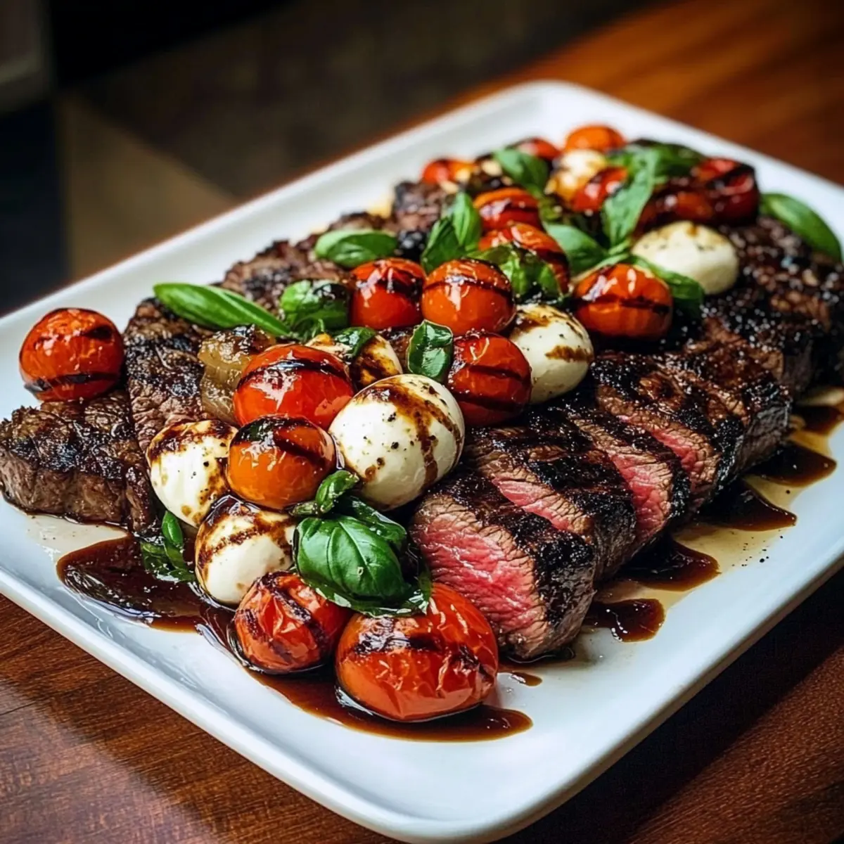 Grilled Balsamic Steak Caprese with Mozzarella, Tomatoes, and Basil