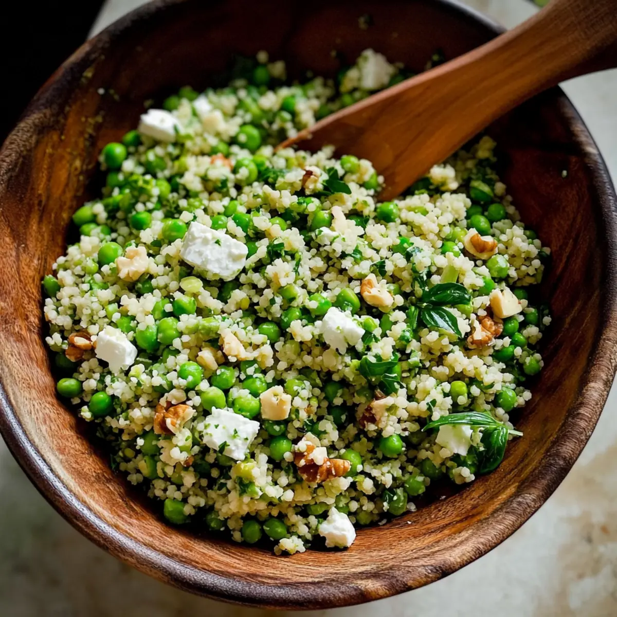 Spring Pea Feta Couscous Salad with Basil Vinaigrette