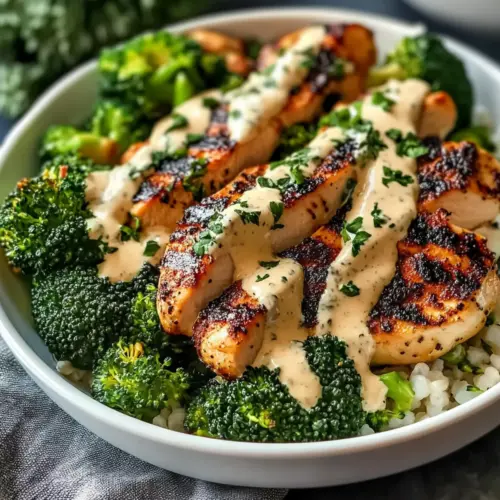 Grilled Chicken & Broccoli Bowls with Creamy Garlic Sauce