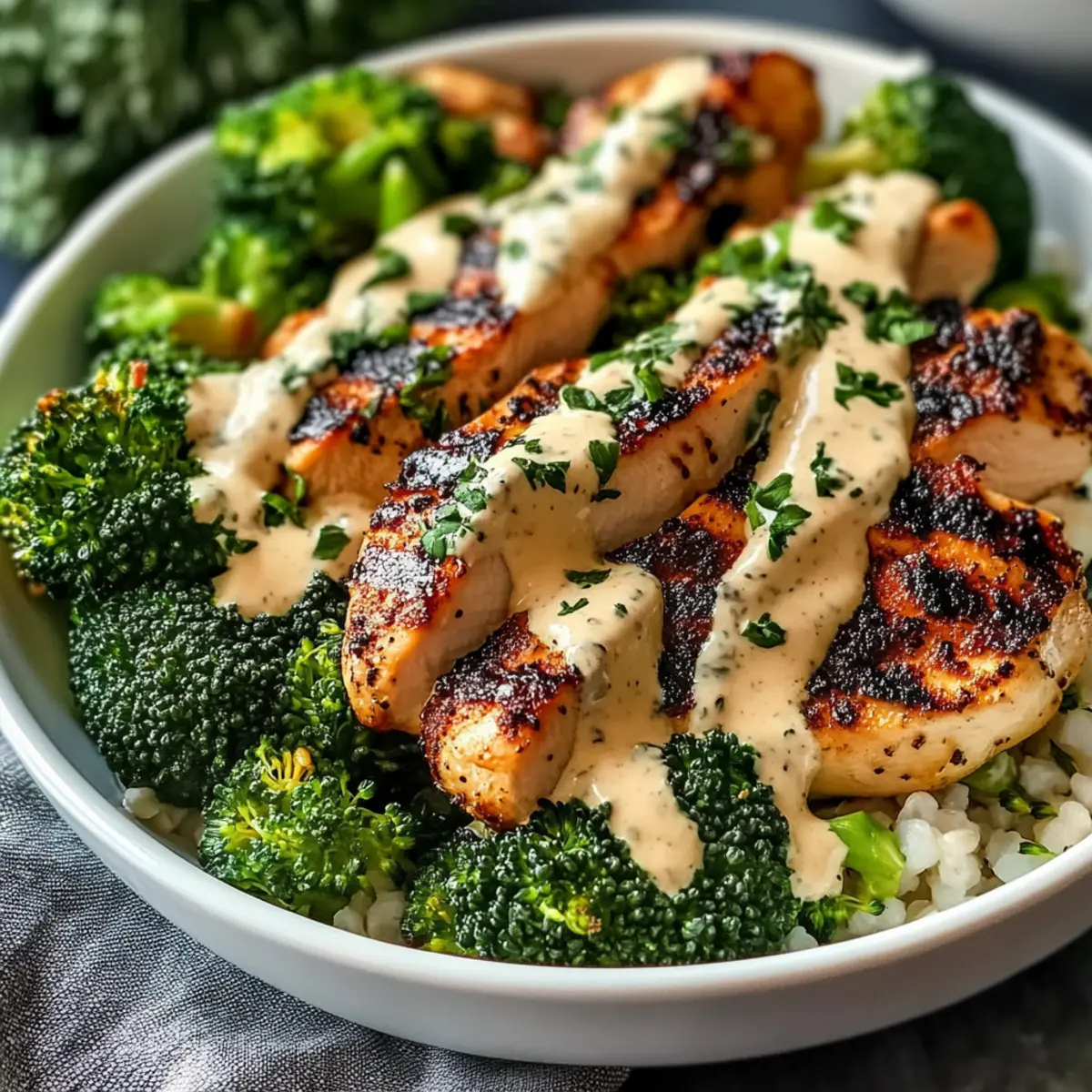 Grilled Chicken & Broccoli Bowls with Creamy Garlic Sauce
