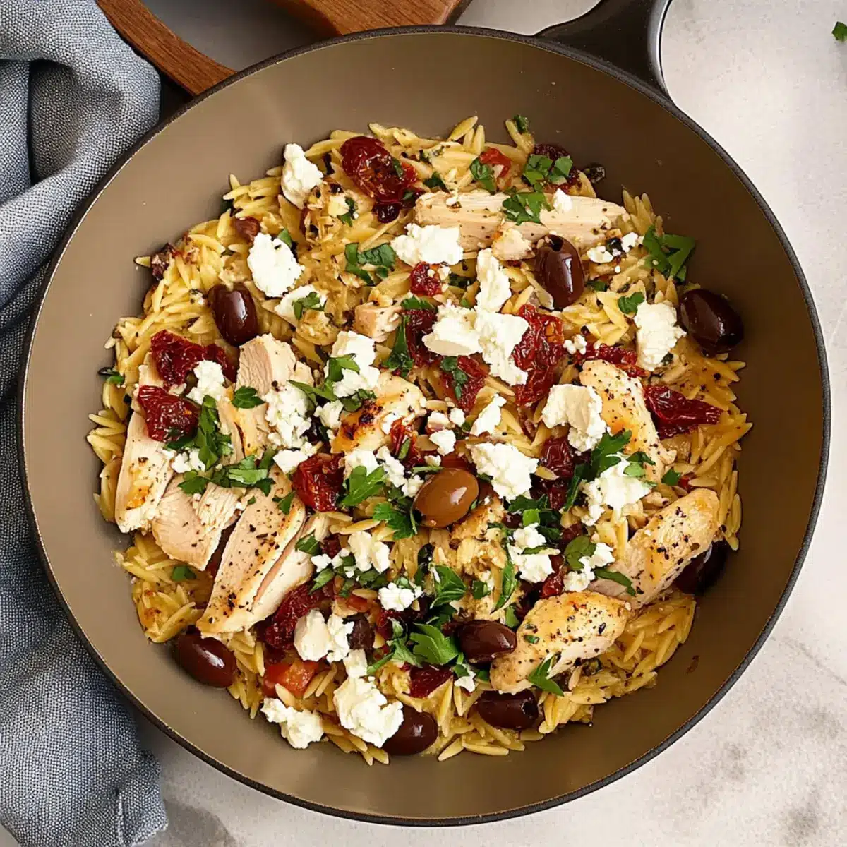 Mediterranean Chicken and Orzo Skillet