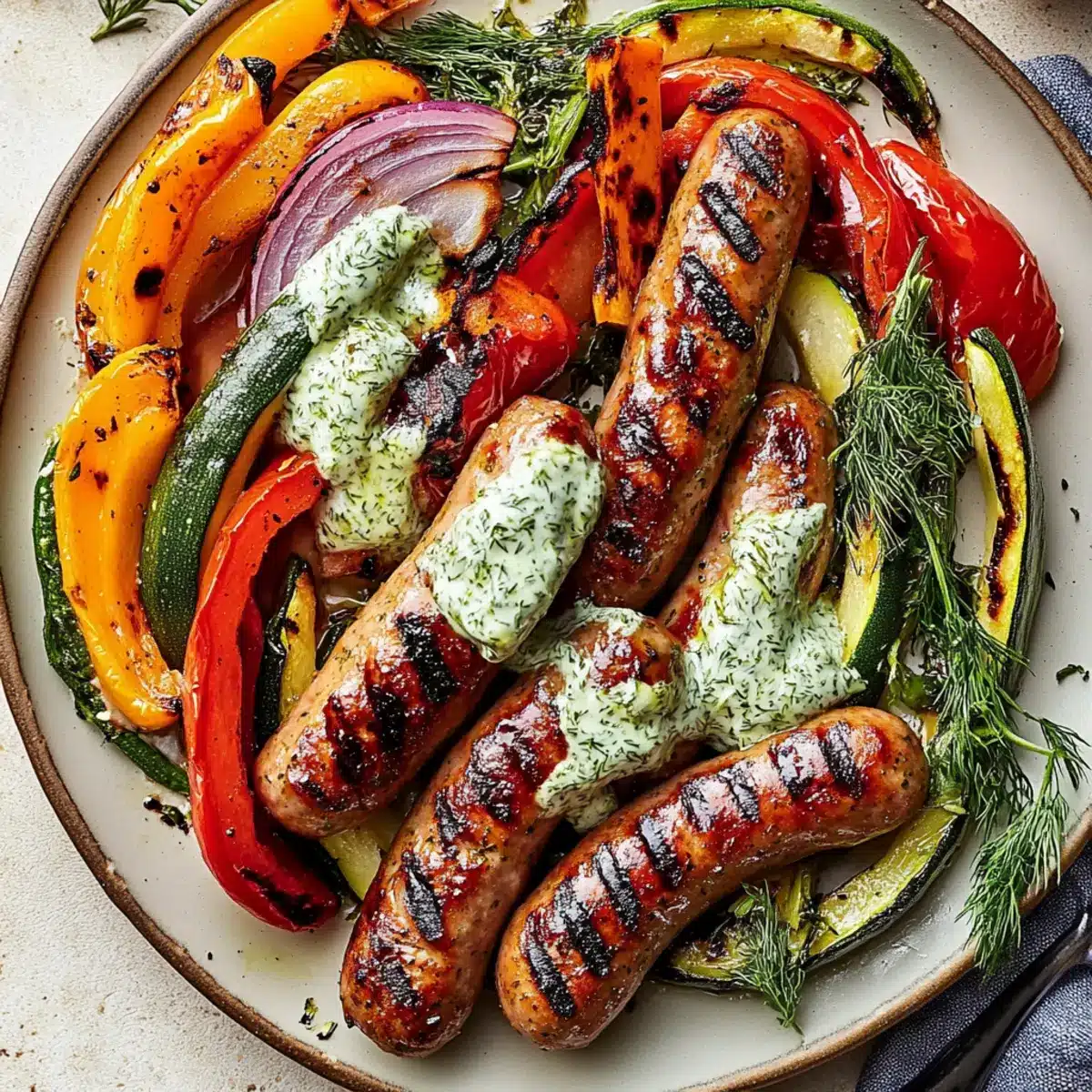 Grilled Sausage and Vegetables with Creamy Dill Dip