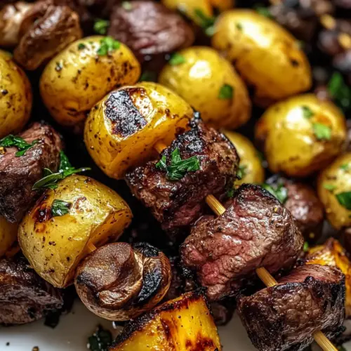Grilled Steak, Potato, and Mushroom Kabobs