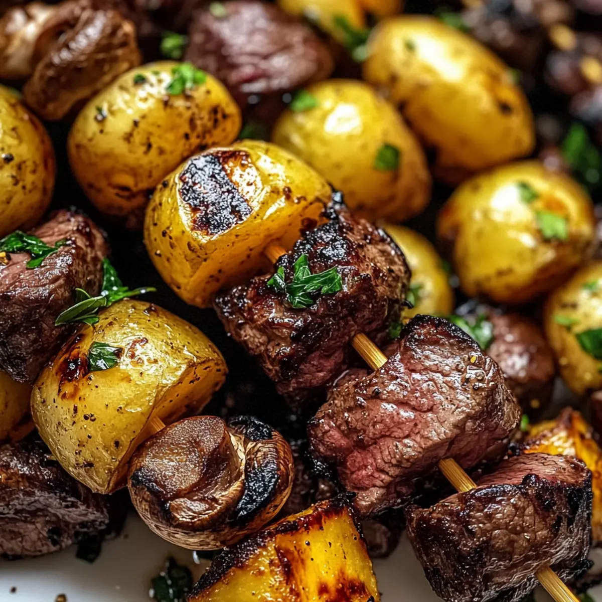 Grilled Steak, Potato, and Mushroom Kabobs
