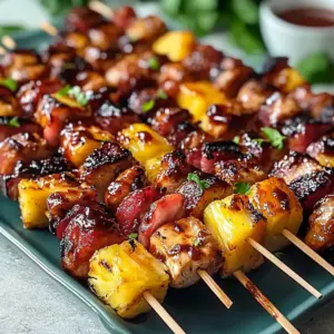 Smoky Grilled BBQ Chicken Bacon Pineapple Kabobs