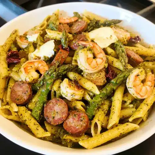 Shrimp and Sausage Pesto Pasta